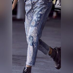 Blue Sequin Skinny Jeans - Women's Designer Style